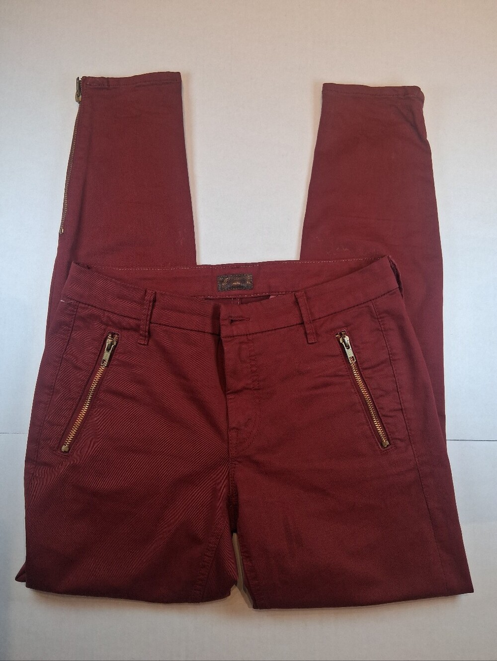 Mother Zip Muse Touch & Go Burgundy Skinny Ankle Pants Gold Zipper Size 28